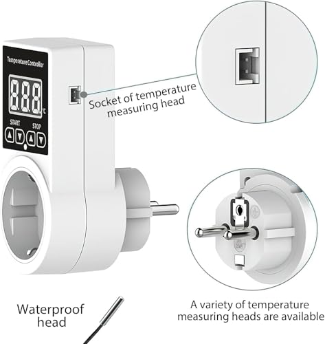 Thermostat Steckdose mit Fühler, Temperaturregler Steckdose Heizung Digital Temperaturregler, Thermostat Schaltermit LCD Bildschirm für Kühlschrank, Treibhaussaatkeimung, Gewächshaus, Aquarium