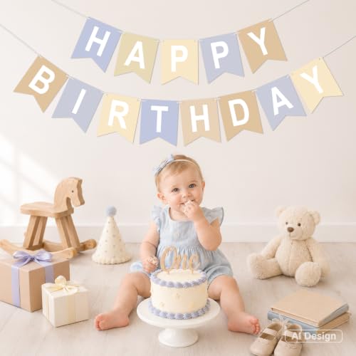 Image of Happy Birthday Banner Party Banner NO DIY Birthday Sign Brown Grey White