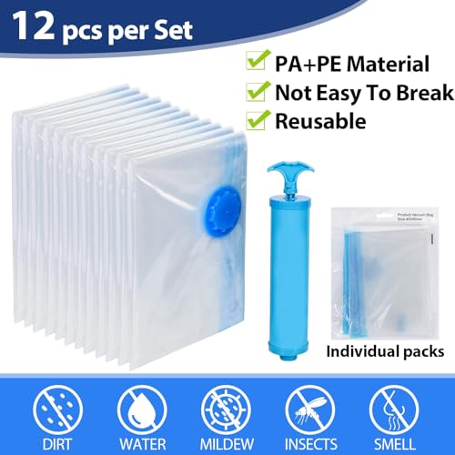 12er Set Vakuumbeutel für Kleidung - 60x40cm, 80% Platz Sparen Vakuum Kleiderbeutel PA & PE Material, Wiederverwendbare Vacuum Bags for Clothing, Handpumpe Enthalten