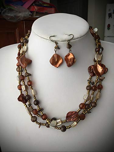 Three Strand Multi Brown Shell And Glass Bead Statement Chunky Rhinestone Necklace For Women Earring Set #TOP1