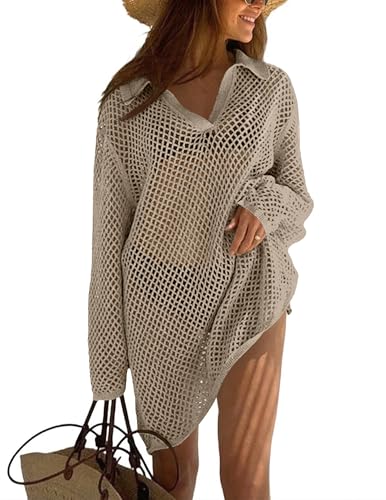 Ekouaer Women's Crochet Knit Cover Up Swimsuit Hollow Out Sexy Swimwear Eyelet Beach Coverup Dress Khaki XXL