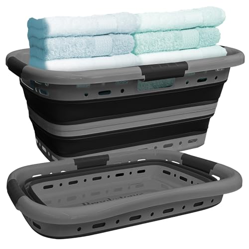 Image of Brookstone 11 Gal Collapsible Laundry Basket With 3 Handles, Hip Hugger Design, Non-Slip Comfort Grip, Lightweight BPA-Free Space Saving Pop-Up Hamper, 24 In, Portable and Sturdy, Dark Gray