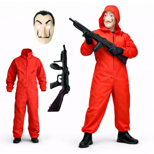 FASCHINFEVER Conjunto de disfarce de casa de papel - conjunto 3 em 1 - com máscara de Dali, macacão vermelho unissexo, rifle insuflável para Halloween, carnaval como disfarce para homens e mulheres