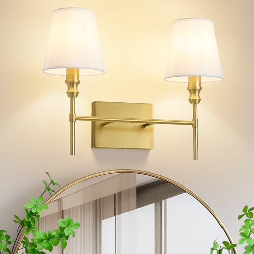 ZSMAIKU Bathroom Light Fixtures Over Mirror,Brush Brass Vintage Wall Sconces, 2-Light Bathroom Vanity Light With Flared White Fabric Lampshade For Bedroom,Living Room,Hallway,Foyer,Hardwired, E12 Base