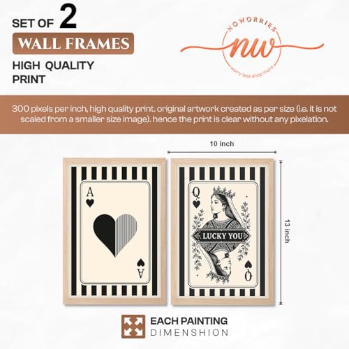 Image of NoWorries Ace & Queen of Hearts Playing Card Wall Art Set of 2, Black and White Casino Decor, Framed Poker Room Wall Decor, Minimalist Playing Card Prints, Modern Game Room Artwork for Living Room (Art-13, 10x13inch)