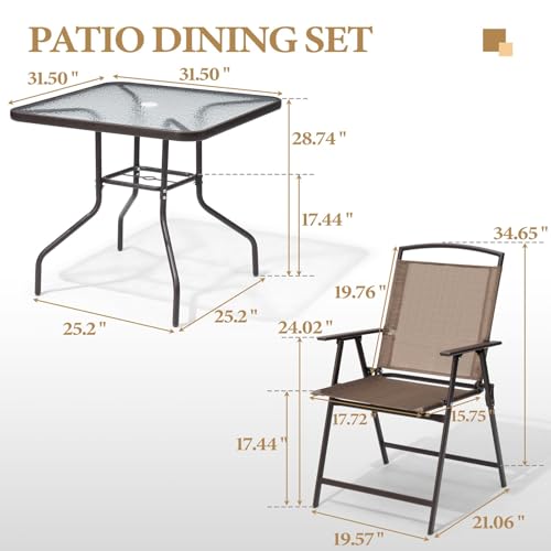 Crestlive Products 5 Piece Patio Dining Set with 4 Folding Chairs and Table Outdoor Dining Furniture with Square Glass Tabletop, Umbrella Hole for Bistro, Garden, Backyard, Deck (Brown) - Thumbnail 2