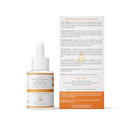 Image of 10% Vitamin C Face Serum for All Skin Types | With Niacinamide, Ceramide, Licorice & Hyaluronic Acid | Brightening, Hydrating, Anti-Aging, Dark Spot Corrector | Dermatologically Tested, Non-Comedogenic | 30 ml