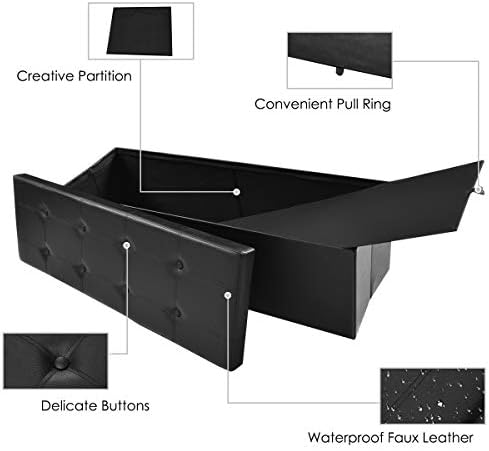 COSTWAY Folding Storage Ottoman, Faux Leather Footstool Bench Toy Box Chest with Lid, Home Living Room Bedroom Hallway Space Saving Bed End Stool, 300kg Weight Capacity (114 x 38 x 38cm, Black)