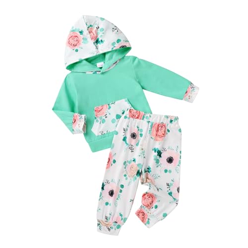 HAPPYMA 2pcs Infant Toddler Baby Girl Long Sleeve Sweatshirt Kangaroo Pocket Floral Hoodie Tops Pants Fall Winter Clothes Set
