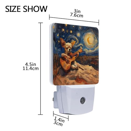 Image of Dog Play Guitar Night Lights 2 Pack Plug-in Wall Led Nightlight Auto Dusk-to-Dawn Sensor Lamps for Bedroom Kitchen Bathroom