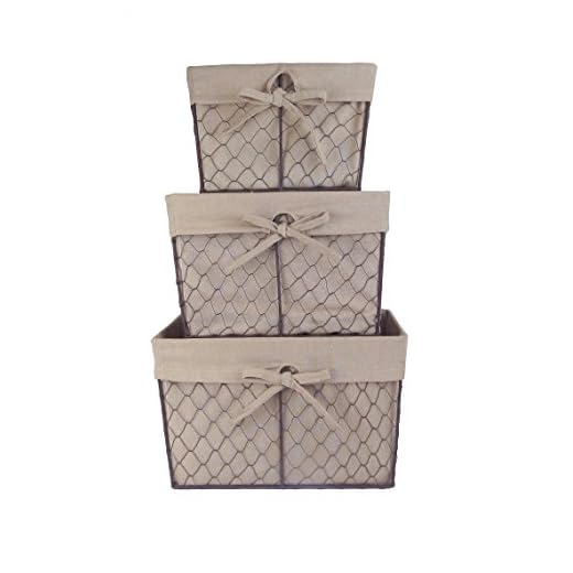 DII Farmhouse Chicken Wire Storage Baskets with Liner, Set of 3, Rustic Natural, Assorted Sizes