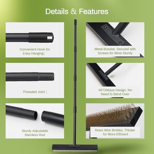 Wire Brush Deck Broom Concrete Brush with 72.4in Long Adjustable Handle, Heavy Duty Outdoor Push Broom Grout Concrete Scrubber Brush for Cleaning Moss,Tough Stains,Roof,Garage,Patio,Swimming Pool