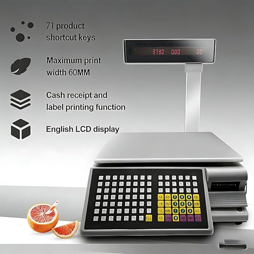Commercial Label Printing Scale with Receipt Printer, Electronic Food Scale for Retail & Market, Dual LCD Displays, 33lb/15kg Capacity, Accurate Weighing Solution.