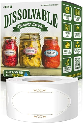 MESS Dissolvable Canning Labels for Jars - Dissolvable Food Labels - 1x2.25 in. 150/Roll - Removable Labels - Mason Jar Labels S