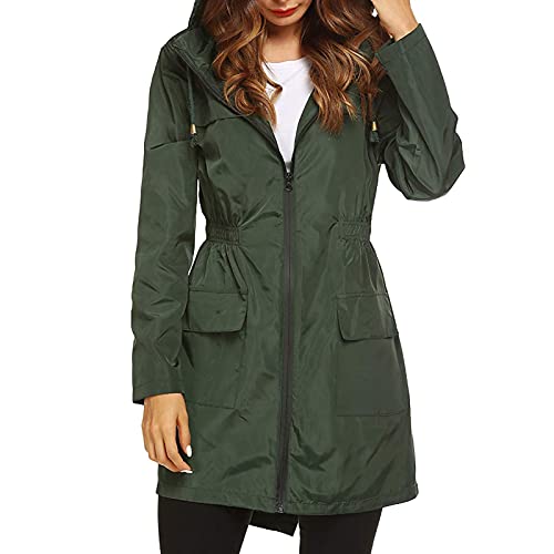 Domary Casaco feminino com capuz impermeável manga comprida elástica cintura zíper casaco impermeáve