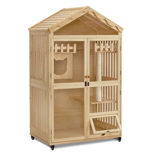 MCombo Wooden Indoor Cat House, Cat Condo with Entrance, Kitten Cage Catio with Lockable Doors and Wheels, CT291