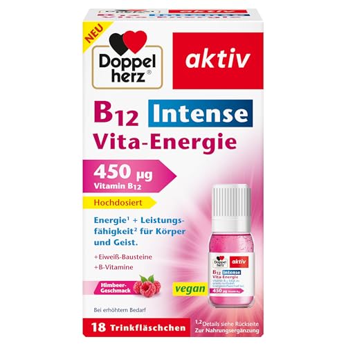 Doppelherz B12 Intense Vita-Energie – hochdosiert mit 450 µg Vitamin B12 pro Trinkfläschchen – 18 Ampullen – vegan