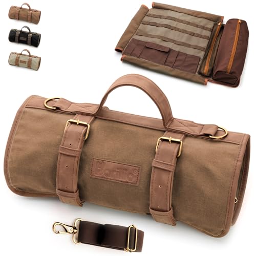 Barillio Bartender Bag (Without Tools) - Stylish Waxed Canvas Roll Up Traveling Bar Bag for Carrying Bar Tools and Cocktail Shaker Set with Shoulder Strap - Portable Travel Bartending Roll Brown