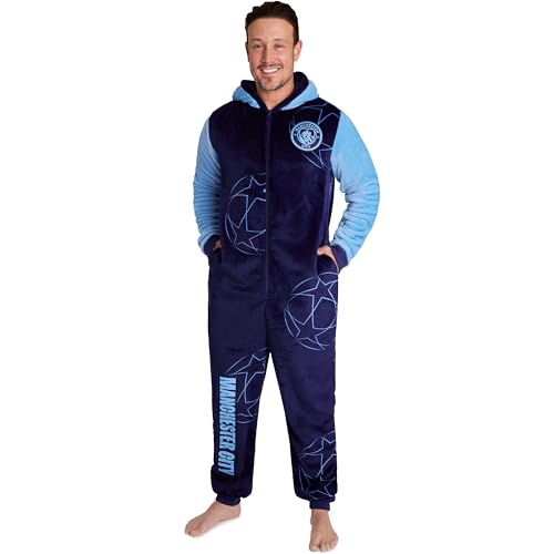 MANCHESTER CITY FC Combinaison Pyjama Homme et Adolescent, Grenouillère Polaire Adulte à Capuche, Tenue d'Intérieur Homme (L, Bleu)