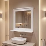 INDE MOBLEKIT | Espejo de Pared para Lavabo con Marco de Madera Blanco y Repisa...