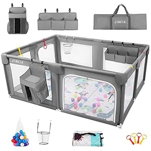 Baby Playpen Set(Grey 75″*59″), playpen for Babies and Toddlers, Portable Extra Large Baby Fence Area with Anti-Slip Base, Safety Play Center Yard Home Indoor & Outdoor with Play Mat