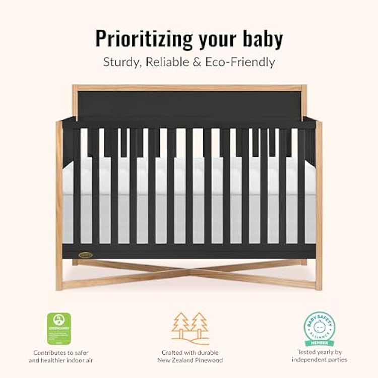 Dream On Me Owen 5-in-1 Convertible Full-Size Baby Crib in Matte Black, GreenGuard Gold & BSA, Converts to Toddler, Day, Full-Size Bed, Non-Toxic Paint, Safe Sleep Environment