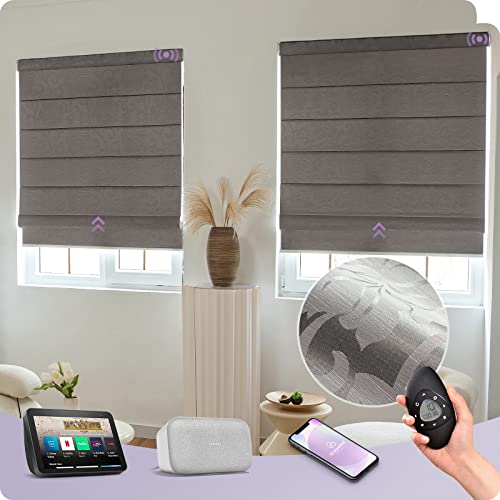 Graywind Customized Smart Roman Blinds 60% Blackout, Rechargeable Motorized Window Blinds Compatible with Alexa Google, Remote Control Electric Roman Shades Plain Fold, Floral Grey Brown