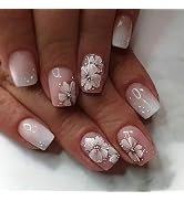 Flower Press on Nails Gradient Square Fake Nails Glossy Short Glue on Nails Summer Design Acrylic...