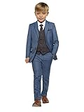 Fünfteiliger Chambray-Anzug für Jungen mit klassischer Weste, Krawatte und Taschentuch.
