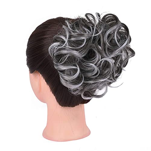 Girlshow Elastic Wave Curly Hair Buns Chignons Hair Scrunchy Extensions Wrap Ponytail Updos Tousled Bun Hairpieces For Women Girls (Natural Black Tip Gray -#113) #TOP3