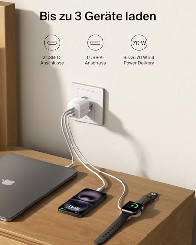 Belkin 3-Port USB C Ladegerät, 70W, GaN-Ladegerät, inkl. Stecker für USA/GB/EU, 2 USB-C-Anschlüsse, 1 USB-A-Anschluss, Schnellladegerät für MacBook, iPhone, iPad Pro, Samsung Galaxy, Pixel usw. – Weiß