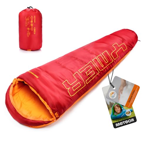 Saco Dormir Tipo Momia con Capucha - para Niños en Viaje Camping Funda vivac Festival Hotel Portátil con Saco de Compresion YMER ((130 + 25) x 60/40 cm, Rojo/Naranja)