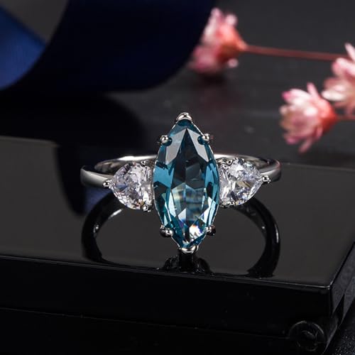 925 Sterling Silver Rings for Women, Solitaire Engagement Ring, Marquise Cut Simulated Blue Topaz Wedding Band Promise Ring for Her3