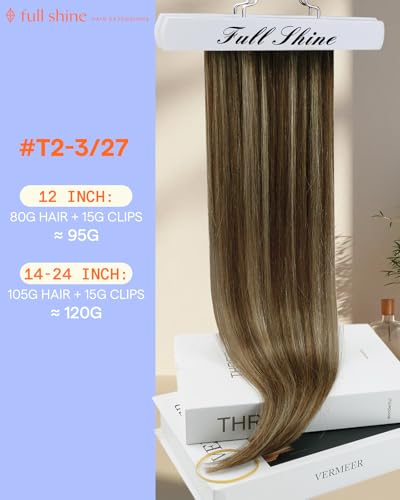 Image of Full Shine Human Hair Clip in Extensions, 20 Inch, Balayage | Dark Brown to Caramel Blonde, Human Hair Extensions Clip ins, for Women, 7 Pcs 120g