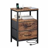 OLIXIS Nightstand with Charging Station, Bedside Table with USB Ports & Type-C, 2 Fabric Drawers Night Stand with Open Shelf, Compact End Table for Bedroom, Rustic Brown