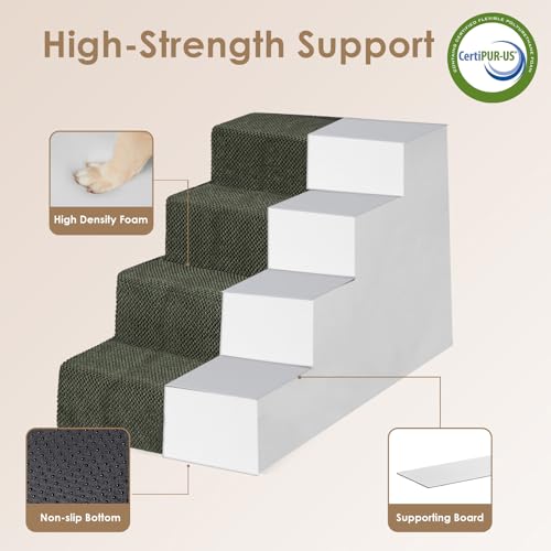 Image of EHEYCIGA Dog Stairs for Bed 20 inch H, 4-Step Extra Wide Dog Steps for High Bed, Pet Steps for Small Dogs and Cats, Non-Slip Balanced Pet Ramp Indoor, Military Green