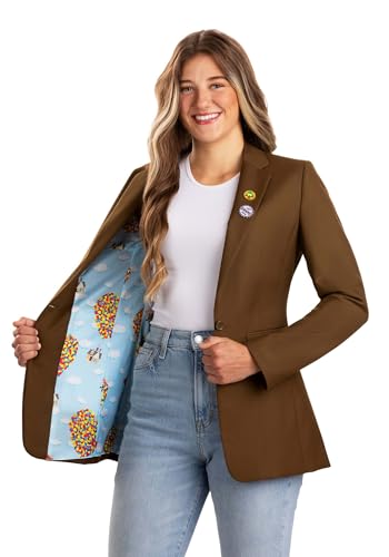 Disney and Pixar Up Blazer for Women | Fully Lined Blazer with Enamel Pins & Up-Themed Satin Graphics- 8 Brown