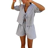 Yuemengxuan Women Y2k Peplum Shirt Shorts Set Two Piece Lounge Set Pajamas Sets Puff Sleeve Tie Front Top 2pcs Pj Outfits (Blue #ruy7, M)