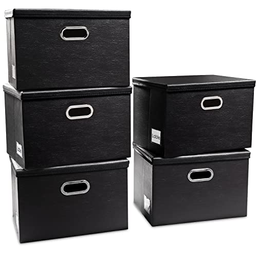 Prandom Large Stackable Storage Boxes With Lids [5-Pack] Leather Fabric Foldable Storage Bins Organizer Containers Baskets Cubes With Cover For Bedroom Closet Office Nursery Black(17.7X11.8X11.8) #TOP11