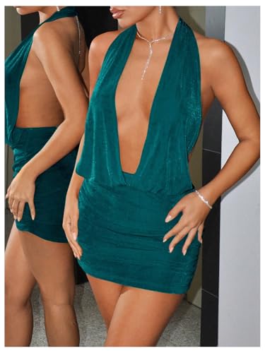Image of SweatyRocks Women's Backless Halter Dress Low Cut Sleeveless Bodycon Mini Dresses Rave Clubwear Dark Green Medium