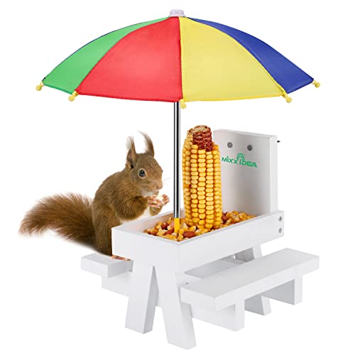 MIXXIDEA Squirrel Feeder Table with Umbrella, Wooden Squirrel Picnic Table Feeder, Sturdy Squirrel Feeder Corn Cob Holder, with Solid Structure and 2 x Thick Benches(Colorful) by MIXXIDEA - Used condition - US$15.43