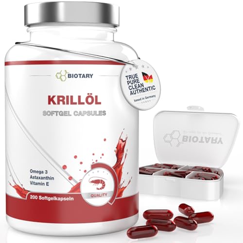 BIOTARY Krillöl 200 Softgelkapseln 1040 mg Hochdosiert 400 mg Phospholipide 50 mg Cholin inclusive Pillenbox Omega 3 Astaxanthin Vitamin E Laborgeprüft 6-7 Monatsvorrat