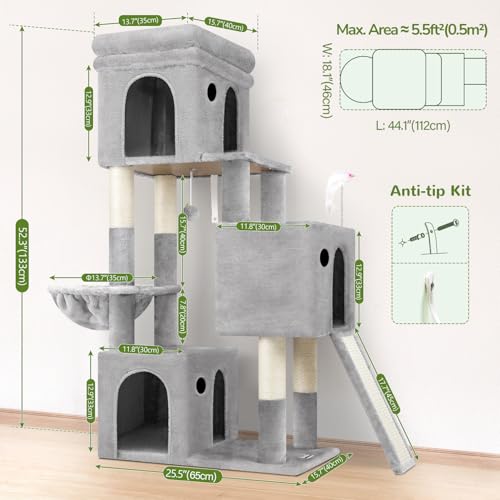 Miniatura 6 de Globlazer Árbol Rascador Para 2-4 Gatos Con 3 Grandi Nidos 40 33 35cm, Plataformas, Tabla Rascar Sisal, Cesta, Juguetes, Estable Torre Rascador Alto 167 Cm Para Gatos Grandes F52b, Gris Claro