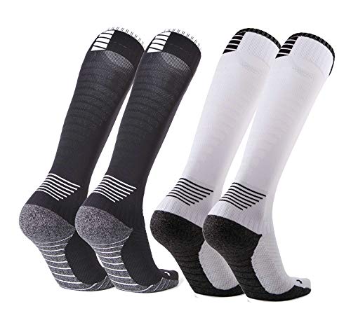 DYB&home サッカーソックス DT-8 スポーツソックス メンズ ミッドチューブ トレーニング 靴下 中厚手 滑り止め粒子 通気吸汗 抗菌防臭い フットボール フットサル 登山 自転車 ランニング 男女兼用 1/2/3足セット 23-28cm 2足セット・ホワイト/ブラック