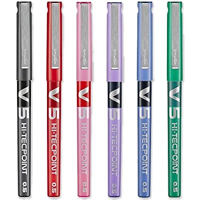 PILOT V5 Hi-Tecpoint Rollerball Pen - Fine 0.5mm Nib Tip - 0.3mm Line Width - Pack of 6 - Black, Blue, Red, Green, Violet & Pink