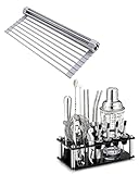 Ohuhu 17' L x 13' W Roll Up Dish Drying Rack +Cocktail Shaker Set with Stand, 17-Piece Bartender Kit, Stainless Steel Bar Tool Set