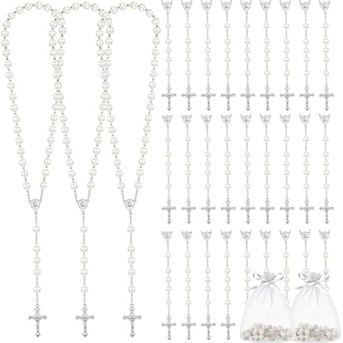 ROCEEI 24 Pcs 8mm Glass Pearl Beads Rosary Necklace First Communion Rosary Rosary Chain with Alloy Cross Mesh Bag for Gifts (White) Cover