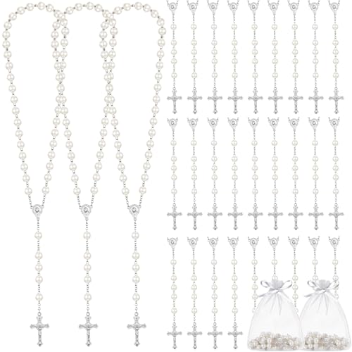 ROCEEI 24 Pcs 8mm Glass Pearl Beads Rosary Necklace First Communion Rosary Rosary Chain with Alloy Cross Mesh Bag for Gifts