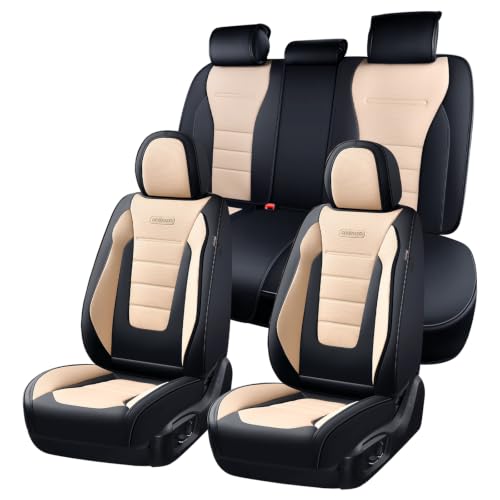 Image of Coverado Car Seat Covers Full Set, Nappa Leather Seat Covers for Cars, Car Seat Protector Car Seat Cushion, Front and Back Seat Protectors Cushions Universal Fit for Most Cars Vehicles(Black&Beige)