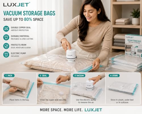 Image of Vacuum Storage Bags with Electric Air Pump, 4 Pack Small Vacuum Seal Bags for Clothing, Space Saver Vacuum Storage Bags for Blanket, Duvets, Pillows, Comforters